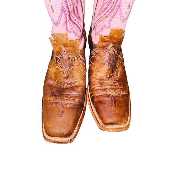 JUSTIN L2667 PINK TAN LEATHER SQUARE TOE COWBOY WESTERN COWGIRL GLAM BOOTS 7.5 - Picture 6 of 14